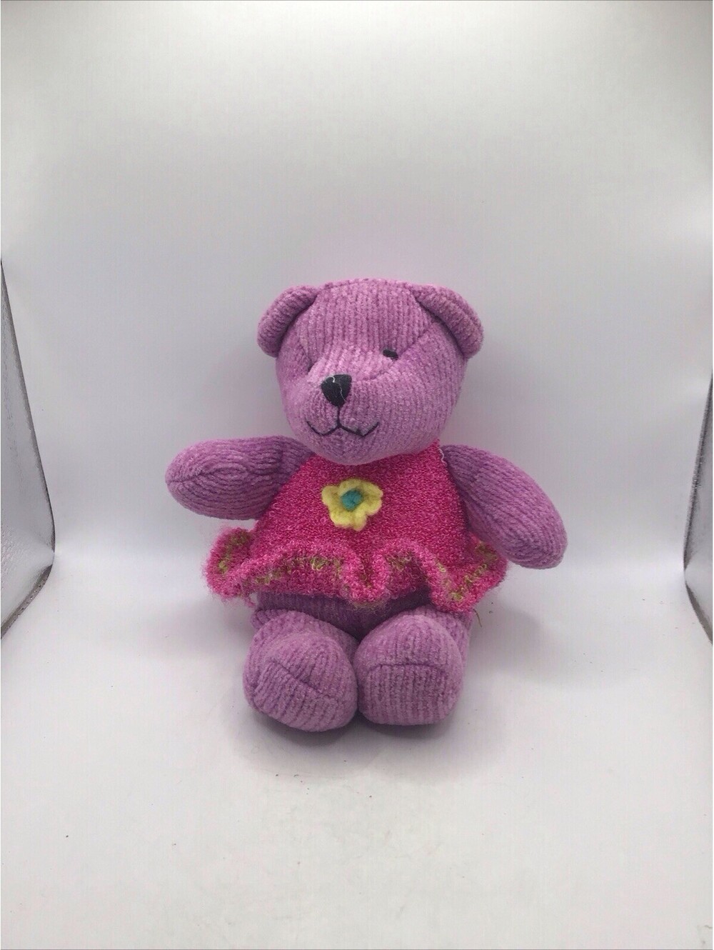 Vtg Russ Berrie Chenille Teddy Bear Handemade Purple Pink Dress Flower Retired